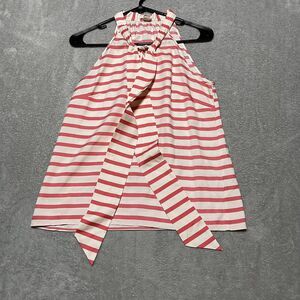 J Crew Top‎ Womens 2 Silk Bow Blouse Striped Tie Neck Cream Pink Preppy Beach